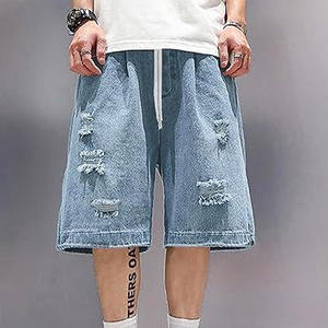 Shorts en jean déchiré bleu clair pour homme, taille élastique, braguette boutonnée blanche, coupe ample et large, style streetwear vintage, non tissé - Product Image 4