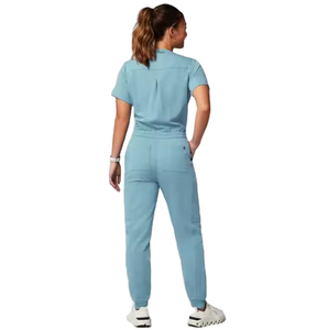 Combinaison médicale pour femmes, bleu clair, manches courtes, tricot en coton et polyester, uniforme d'hôpital avec cordon de serrage à la taille - Product Image 2