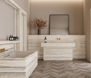 Losas de Porcelana Pulida Travertino Lakeshore, Superficies con Efecto Mármol Elegantes para Interiores de Lujo - Product Image 1