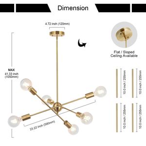 Lámpara de Techo Moderna Sputnik de 6 Luces, Estilo Mid-Century, Dorado, Acabado en Latón Cepillado - Product Image 5