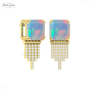 Trending Hot Product Natural 10mm Square Octagon Cut Ethiopian Opal <b>Drop</b> Earrings with 14k Solid Gold Diamond Push <b>Back</b> Earrings - Product Image 1
