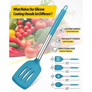 Set di 4 Utensili da Cucina in Silicone Senza BPA, Spatole Grandi Antiaderenti Resistenti al Calore, Cucchiai Forati Blu, Kit di Strumenti da Cucina - Product Image 3