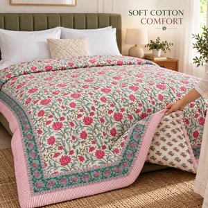 Couette imprimée Lotus Garden |   Couette réversible en coton Mulmul avec rembourrage en coton pur de 2 kg et matelassage à la main pour lit double - Product Image 3