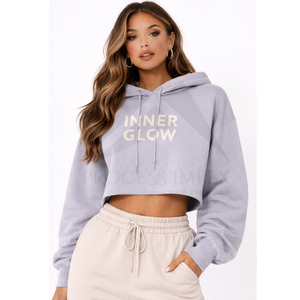 Sudadera con Capucha Corta para Mujer, Estampado Interior Brillante, Forro Polar, Estilo Casual, Otoñal, Color Morado Claro, Manga Larga - Product Image 1