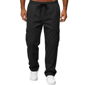 Pantalones Deportivos Cargo Negros para Hombre, Cintura Elástica con Cordón, Múltiples Bolsillos, Corte Recto Informal, Tela de Poliéster, Ropa de Otoño - Product Image 1