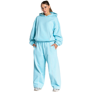 Women's 2 in 1 Tracksuit <b>Set</b> light blue Full Length Loose Fit Solid Color 100% Cotton Line piping contrast trending tracksuit - Product Image 1