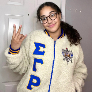 Sigma Gamma Rho <b>Sherpa</b> Bomber Jacket Warm Fleece Varsity Style Zip-Up Outerwear Casual Winter Jacket Ribbed Collar Cuffs Custom - Product Image 5