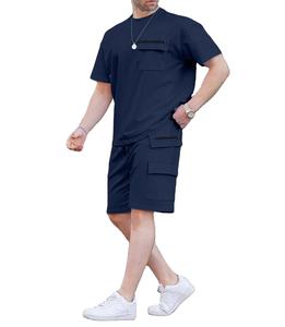 Verano nuevos hombres Casual Color sólido manga corta cuello redondo Camiseta y pantalones cortos conjunto Multi bolsillo moda viaje 2 piezas conjunto - Product Image 5