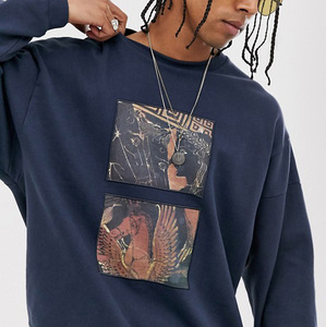 <b>Men's</b> Oversized Navy Blue Crewneck Sweatshirt With Front Print Regular Fit Knitted Cotton Casual <b>Pullover</b> Autumn Style - Product Image 2