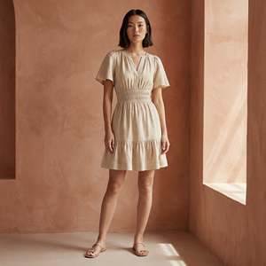 Robe courte à volants en coton et lin beige pour femmes, avec manches courtes, tissu léger, style moderne - Product Image 1