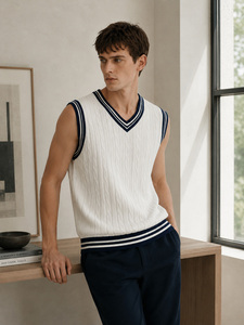 Gilet pull sans manches en tricot extensible 100 % coton, col en V, coupe décontractée, respirant, avec logo personnalisé, pour homme - Product Image 2