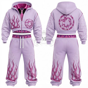 Ensemble de survêtement pour homme en coton 100% avec impression sérigraphiée flamme violette, fermeture éclair intégrale, 450 g/m², comprenant un sweat à capuche court et un pantalon de jogging, coupe décontractée et ample - Product Image 3
