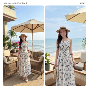Women’s Floral Chiffon Spaghetti <b>Strap</b> Ruched Bust <b>Maxi</b> <b>Dress</b> with Flared Skirt for Vacation and Resort Wear OEM ODM Wholesale - Product Image 3