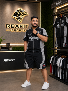 REXFIT SPORTS 2026 Ensemble de survêtement personnalisé pour homme en polyester noir et gris, ensemble de vêtements de sport à manches courtes avec fermeture éclair et broderie - Product Image 4