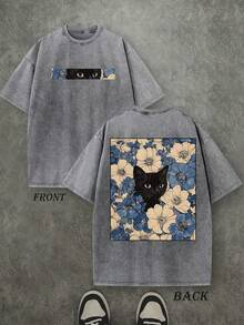 เสื้อยืดลายแมวพิมพ์ลายดอกไม้สองด้าน ผ้าคอตตอนเนื้อหนัก ซักแล้ว ทรงวินเทจ สตรีทแวร์ ใส่ได้ทั้งผู้ชายและผู้หญิง - Product Image 4