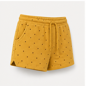Shorts de détente personnalisés pour femme, couleur moutarde, à pois, coupe décontractée, avec cordon de serrage, en coton bouclé French Terry - Product Image 4