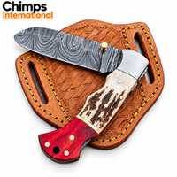 Couteau pliant artisanal Wazirabad Pakistan pour la chasse et le camping, lame en acier Damas à pointe tombante de 7 pouces, manche en bois de cerf, garantie de 3 ans