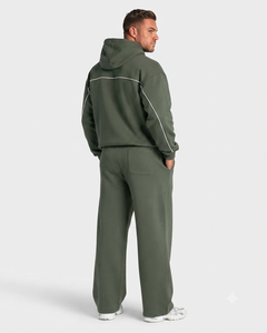 Wholesale Men's Green <b>Oversized</b> Contrastline Custom Tracksuit Set Premium Quality Cotton Fleece Hoodie & Wide Leg <b>Sweatpants</b> - Product Image 2