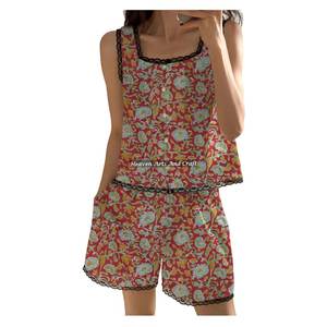 Conjunto de Pijama Corto de Algodón Hecho a Mano en India con Encaje, Estampado de Selva, Floral, Sin Mangas, para Primavera/Verano, Estampado a Bloques, Venta al por Mayor - Product Image 5