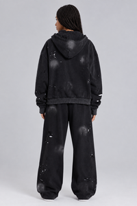Pantalon large déchiré noir délavé à l'acide pour femme, style streetwear, coupe ample, en molleton tricoté - Product Image 5