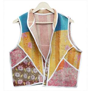 Chaleco de Algodón Acolchado con Diseño de Patchwork, Multicolor, Cuello Mandarín, Estampado a Rayas, Chaqueta de Primavera para Mujer - Product Image 2
