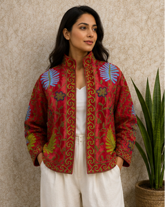 Luxury <b>Velvet</b> <b>Jacket</b> Red Floral Embroidery Mandarin Collar Handmade Artisan Blue Botanical Motifs Premium Boho Lady Fashion wear - Product Image 1