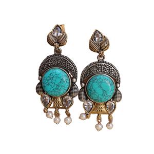 Antique <b>Silver</b> Plated Brass Bezel Set Bohemian Turquoise Stone <b>Dangle</b> Drop <b>Earrings</b> for Women Wedding Gift - Product Image 1