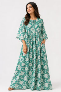 Robe longue unie vert sarcelle à col en V pour femme, style bohème, coupe ample évasée, manches longues, idéale pour les fêtes, écologique, 100 % coton, pour l'été et les vacances. - Product Image 2