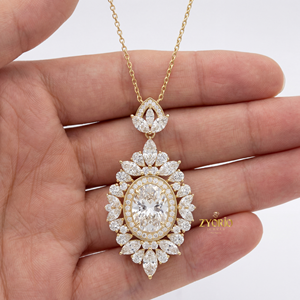 Colgante de Lujo con Cadena de Eslabones de Diamantes en Forma de Halo Ovalado Dorado, con Diamantes Brillantes, para Compromiso, Boda y Aniversario - Product Image 4