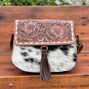 Bohemian Hand Tooled Leather Crossbody <b>Bag</b> for Women's Western Hair on Cowhide Leather Tassel Purse Embossed Floral Pattern <b>Bags</b> - Product Image 2