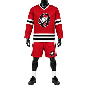 Ensemble de hockey sur glace rouge et blanc, maillot et short sublimés, uniforme d'équipe sportive, vêtements d'entraînement à manches longues, vêtements de compétition, hockey - Product Image 1