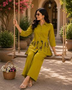 Conjunto de Kurti y Palazzo de Algodón Verde Oliva para Mujer con Estampado a Mano, Corte Holgado, Estilo Casual de Verano, Estilo India-Pakistán - Product Image 3