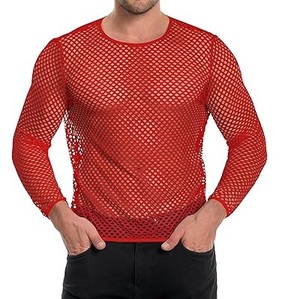 T-shirt uni rouge à col rond et manches longues, coupe ajustée et moulante, respirant, en maille filet, style clubwear, coupe carrée - Product Image 1