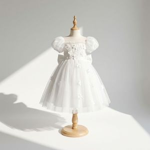 Vestido de Fiesta de Princesa al por Mayor, de Alta Calidad, con Mangas Abullonadas, Lazo en la Espalda, Encaje Blanco, Corte A, Largo hasta la Rodilla, para Niña, Vestido de Boda - Product Image 1