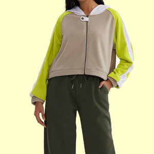 Sweat-shirt à capuche zippé pour femme, color-block, manches longues, en coton tricoté respirant, tenue décontractée d'automne - Product Image 1