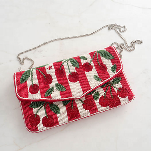 Handmade Red Cherry Beaded Clutch Purse Rectangular Cotton Embroidered Evening Bag - Product Image 3