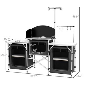 Cucina da Campeggio Portatile Pieghevole in Alluminio Nera con Armadietti in Tessuto e Borsa Antivento per BBQ e Picnic - Product Image 3
