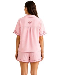 Ensemble de pyjama rose personnalisé pour femme, manches courtes, boutonné, avec joli nœud, doux, respirant, pour l'été, tenue de nuit et de détente - Product Image 2