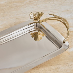 Stainless Steel <b>Serving</b> <b>Tray</b> with Elegant Polished <b>Gold</b> Floral Handles for Party Catering <b>Serving</b> Kitchen Dining Table Decor Use - Product Image 6