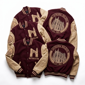 OEM Custom Varsity Letterman Jacket Wool Leather Sleeves Ancient Horology Foliot Embroidery Verge Escape Patch Steel Blue <b>Coat</b> - Product Image 6