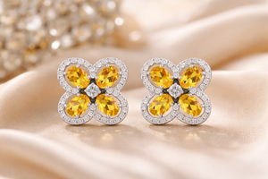 925 <b>Silver</b> <b>Stud</b> <b>Earrings</b> Yellow Zircon Flower Clover Shape Ear <b>Studs</b> with Clear Stone Halo for Women - Product Image 5