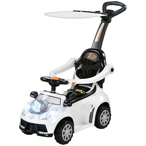 Passeggino 3 in 1 Bianco con Maniglia Rimovibile, Musica, Clacson, Tettuccio e Barriera di Sicurezza per Bambini, Cavalcabili e Giocattoli da Tirare - Product Image 1