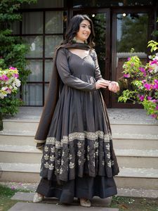 Heavy Vichitra <b>Silk</b> Sequence Embroidery Anarkali Suit Set With Stitched <b>Palazzo</b> And Matching Dupatta For Party Wear Women - Product Image 3