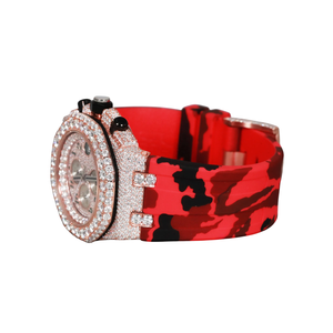 Red Camo Strap Mechanical <b>Watch</b> for Men Iced Moissanite Dial Stainless Steel Case Analog Vintage Style <b>Rubber</b> Band - Product Image 3
