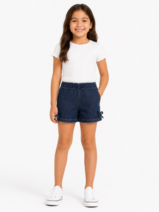 Shorts en jean bleu foncé pour filles, taille élastique, décontractés, pour l'été, en denim délavé doux, avec détail de nouage latéral élégant, qualité supérieure - Product Image 1