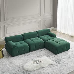 Divano Componibile in Velluto Verde con Bottoni Trapuntati, Combinazione Fai-da-Te Reversibile a Forma di L con Pouf per Soggiorno - Product Image 2