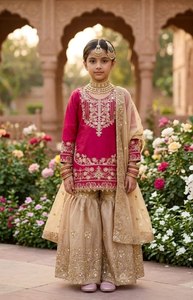 Ensemble Sharara pakistanais rose beige pour filles, tenue ethnique brodée 3 pièces avec dupatta, idéal pour l'Aïd et les mariages - Product Image 5