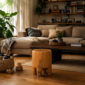 <b>Rustic</b> Organic <b>Side</b> <b>Table</b> Solid Suar Wood Sculptural Round Accent <b>Table</b> Natural Wood Grain Finish Living Room Bedroom - Product Image 4