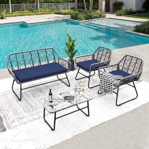 4 pezzi Set di mobili da giardino in vimini in vetro temperato copricuscino blu rimovibile per la pulizia facile per il balcone del cortile ecc - Product Image 2