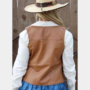 Gilet en cuir véritable camel pour femme, tricoté, style streetwear western, avec fermeture éclair - Product Image 2